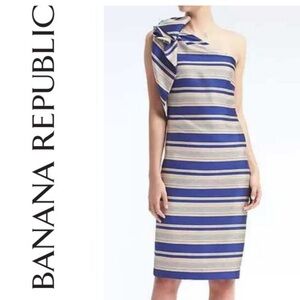 NWT Banana Republic One Shoulder Blue and Cream Striped Dress